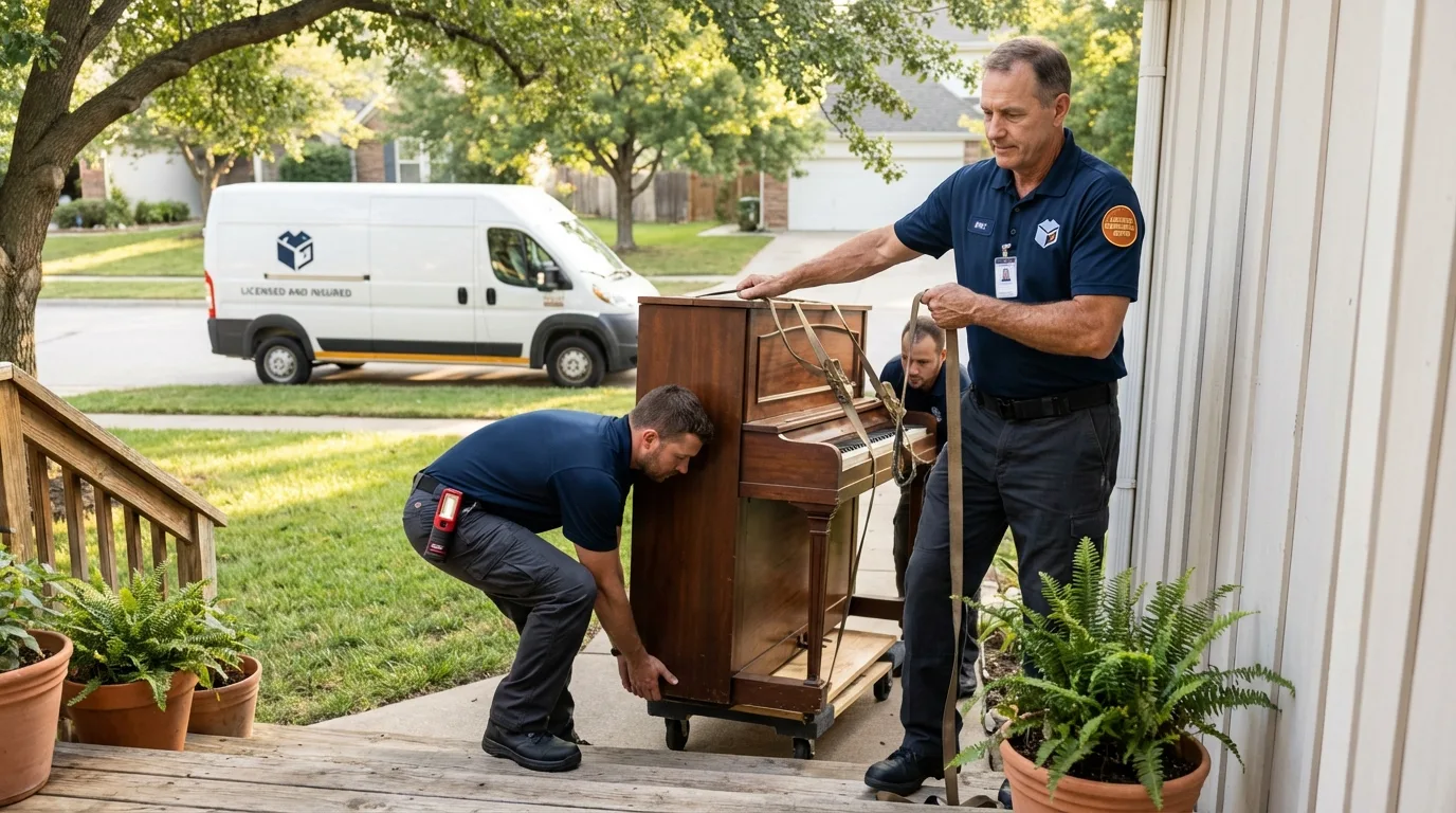 Licensed piano movers securing grand piano in Maugansville, MD