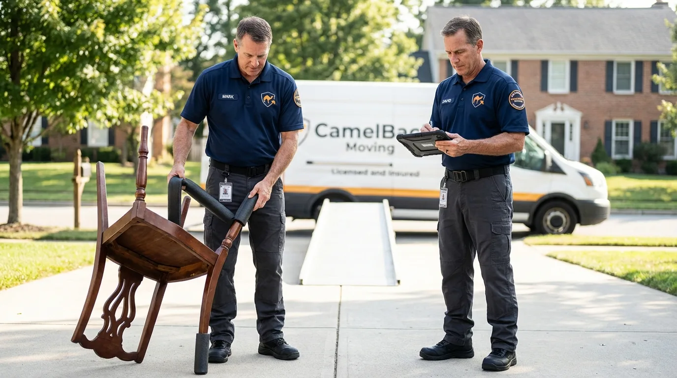 Movers inspecting furniture for damage prevention before loading in Maugansville, MD