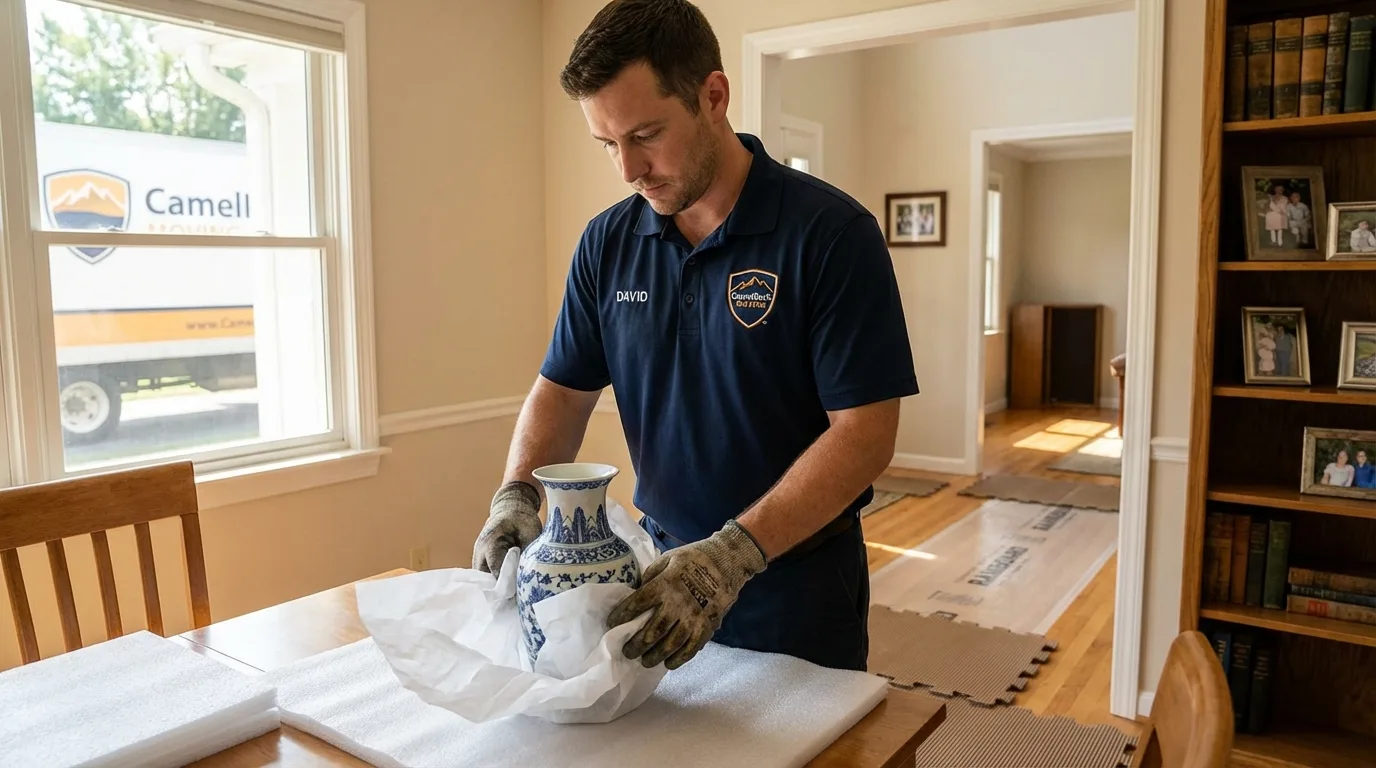 Professional crew carefully wrapping antique vase for senior downsizing move in Maugansville, MD